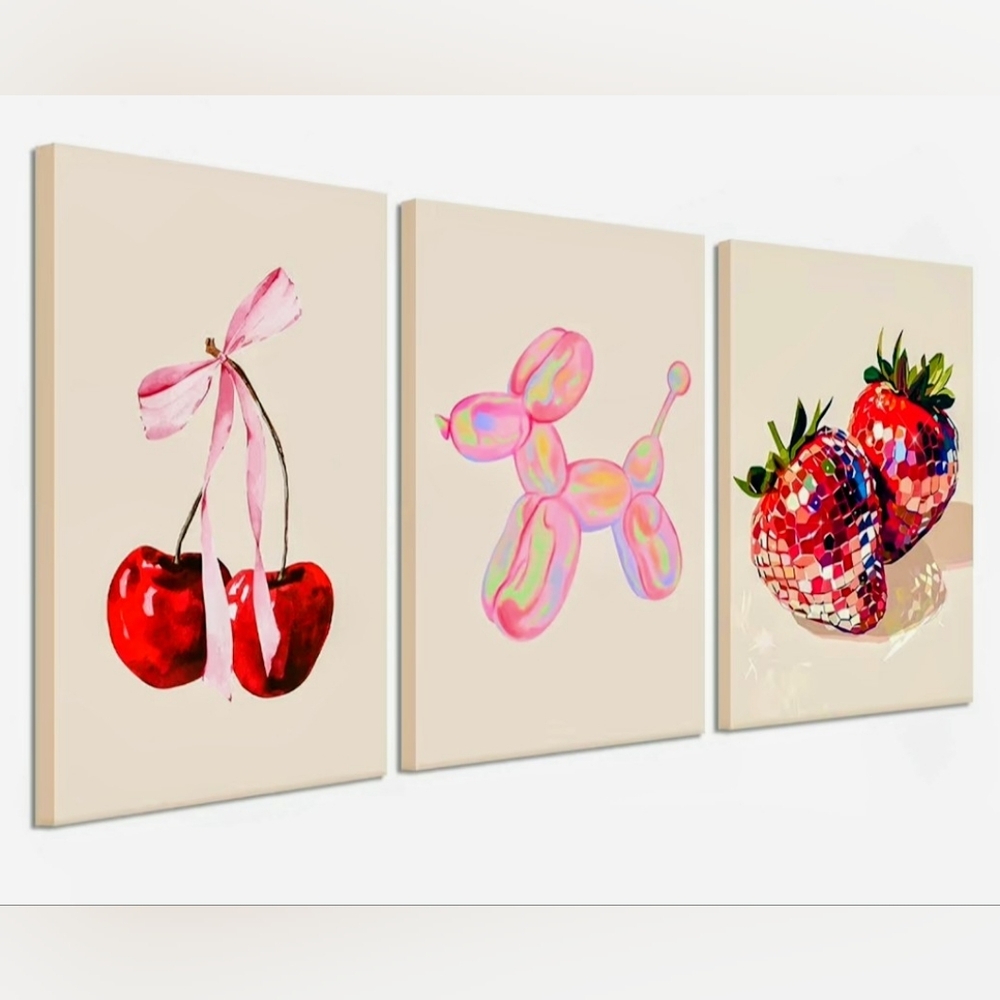 Cute Pink Canvas Wall Art Set Deco of 3 Balloon Dog, Cherry and Disco Strawberry
